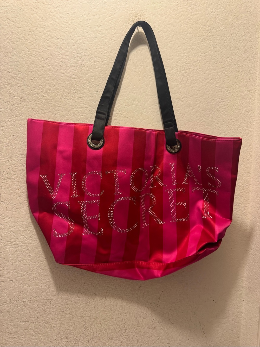 Victoria's Secret Hot Pink & Fuchsia Striped Tote with Crystal Logo